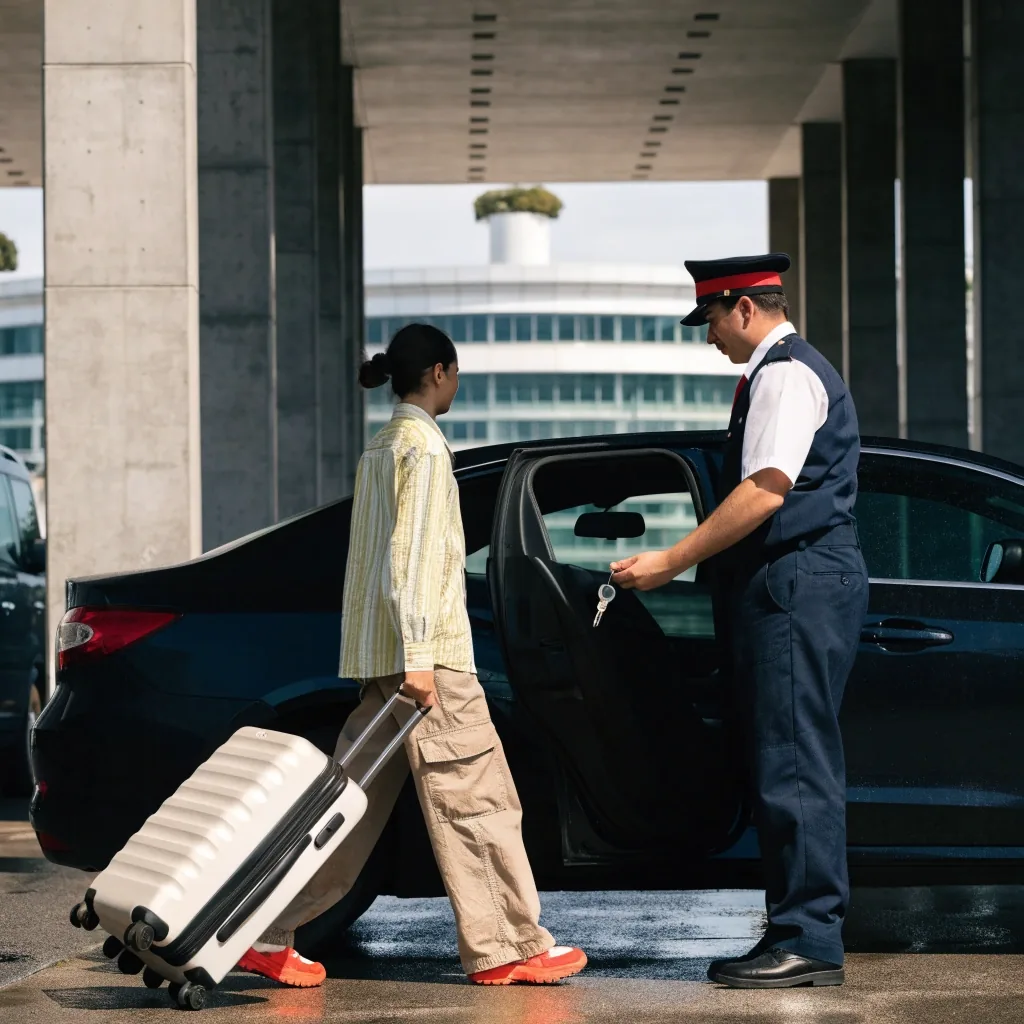 Covered pedestrian walkway near Sydney Airport parking with travellers and luggage
