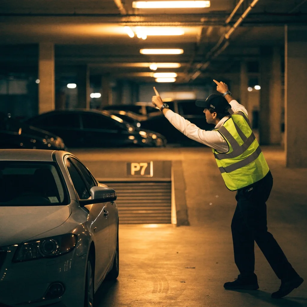 Undercover parking ramp with warm lights and concrete columns
