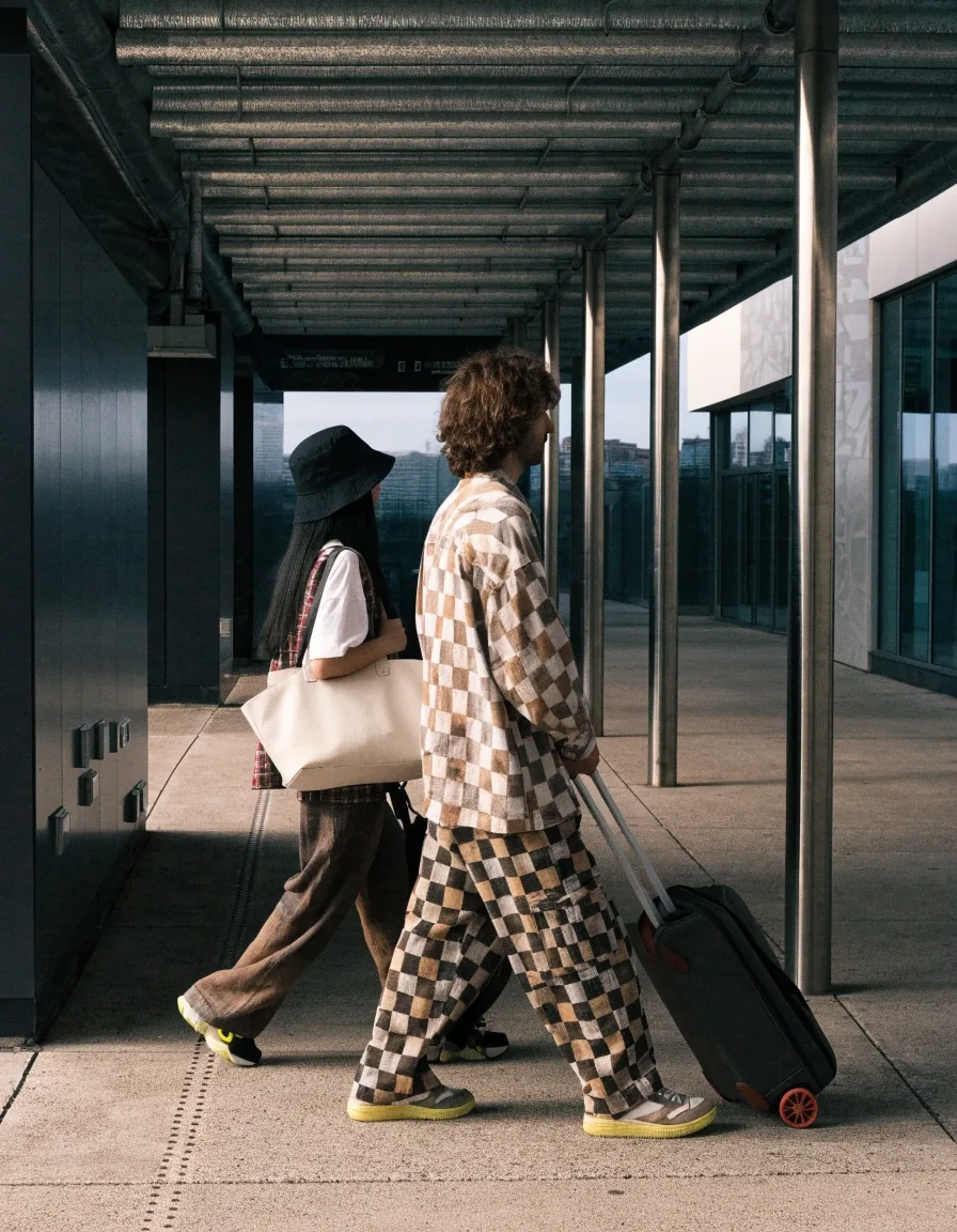 Covered walkway to the terminal with travellers