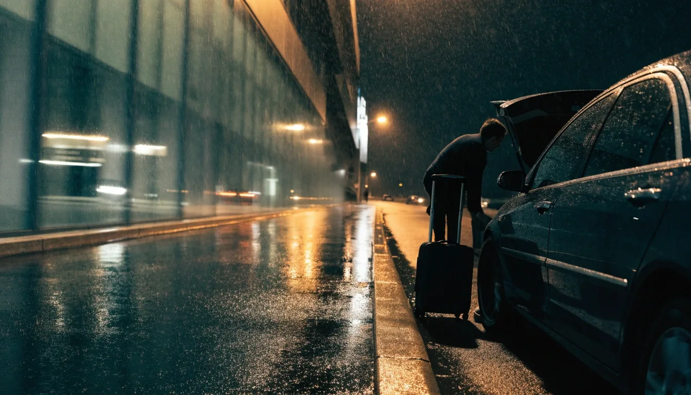 Kerbside pickup lane at Sydney Airport at night in rain