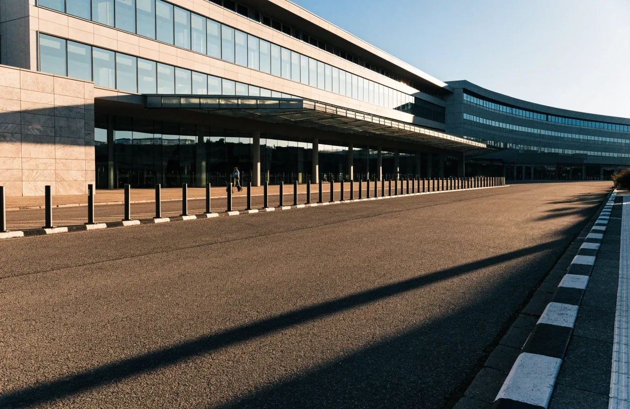 Empty valet parking lane at an airport terminal in morning light