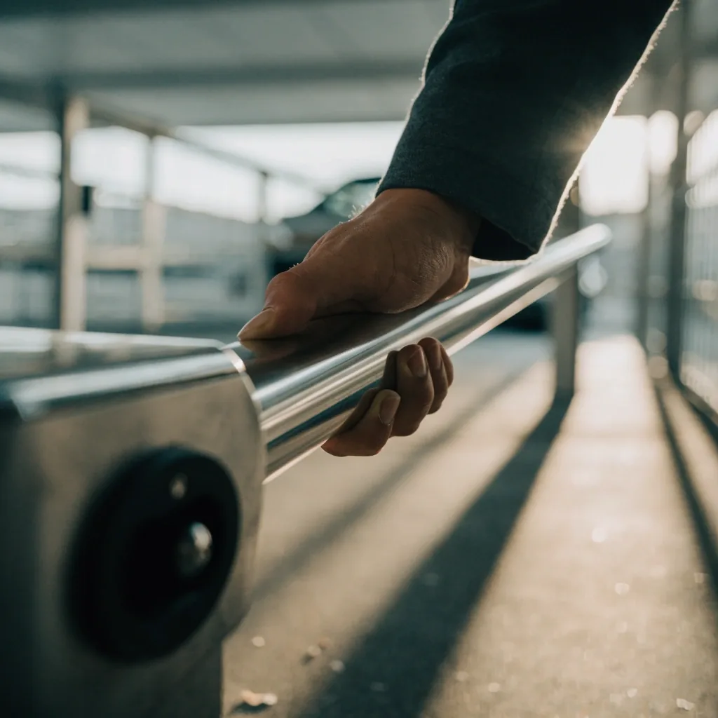 Hand on a car-park turnstile on a bright morning