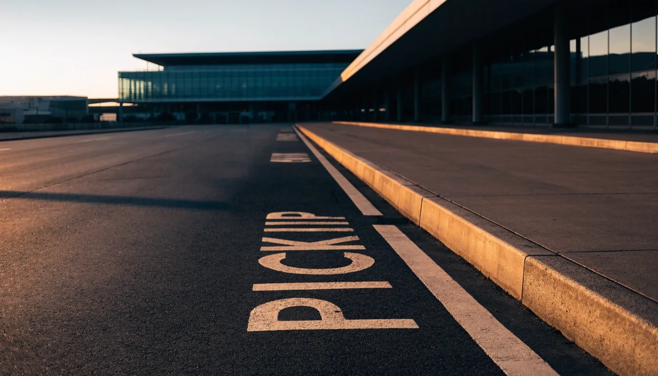 Terminal kerb lane near Sydney Airport at dusk with empty marked bays