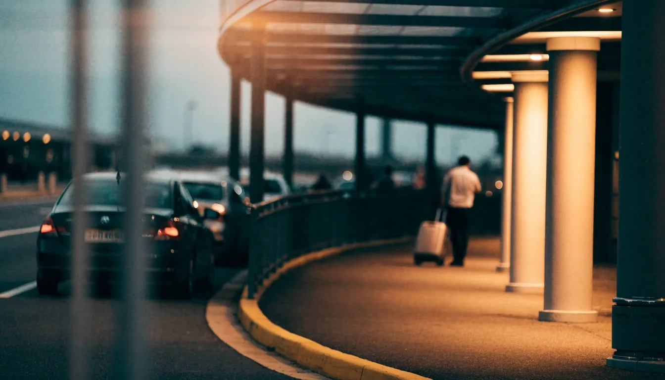 Undercover Sydney Airport parking deck at night with warm lights on wet concrete