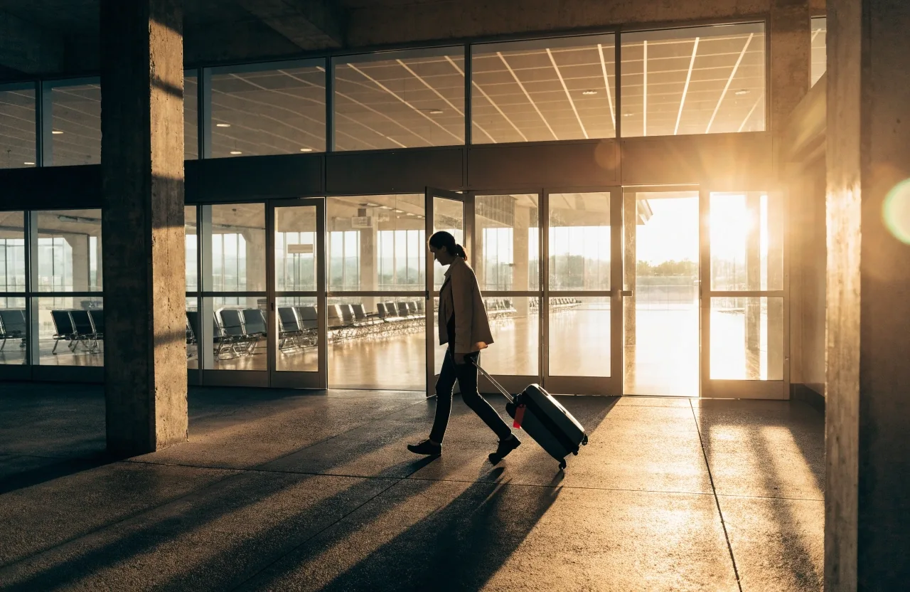 Pedestrian walkway under airport canopy in morning light