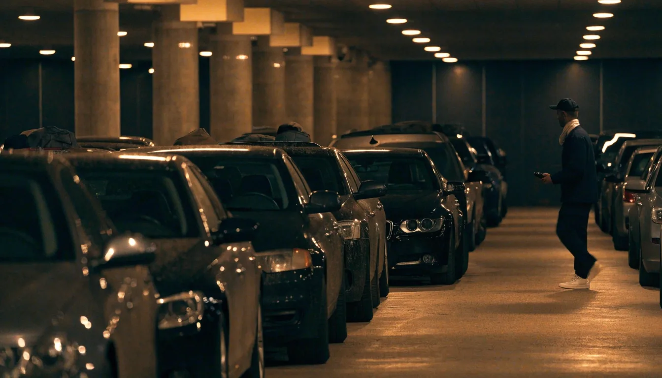 Valet storage deck with rows of parked cars under warm lights