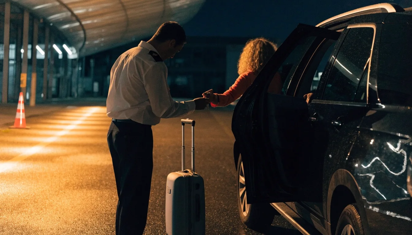 Valet drop-off lane at Sydney Airport terminal at night